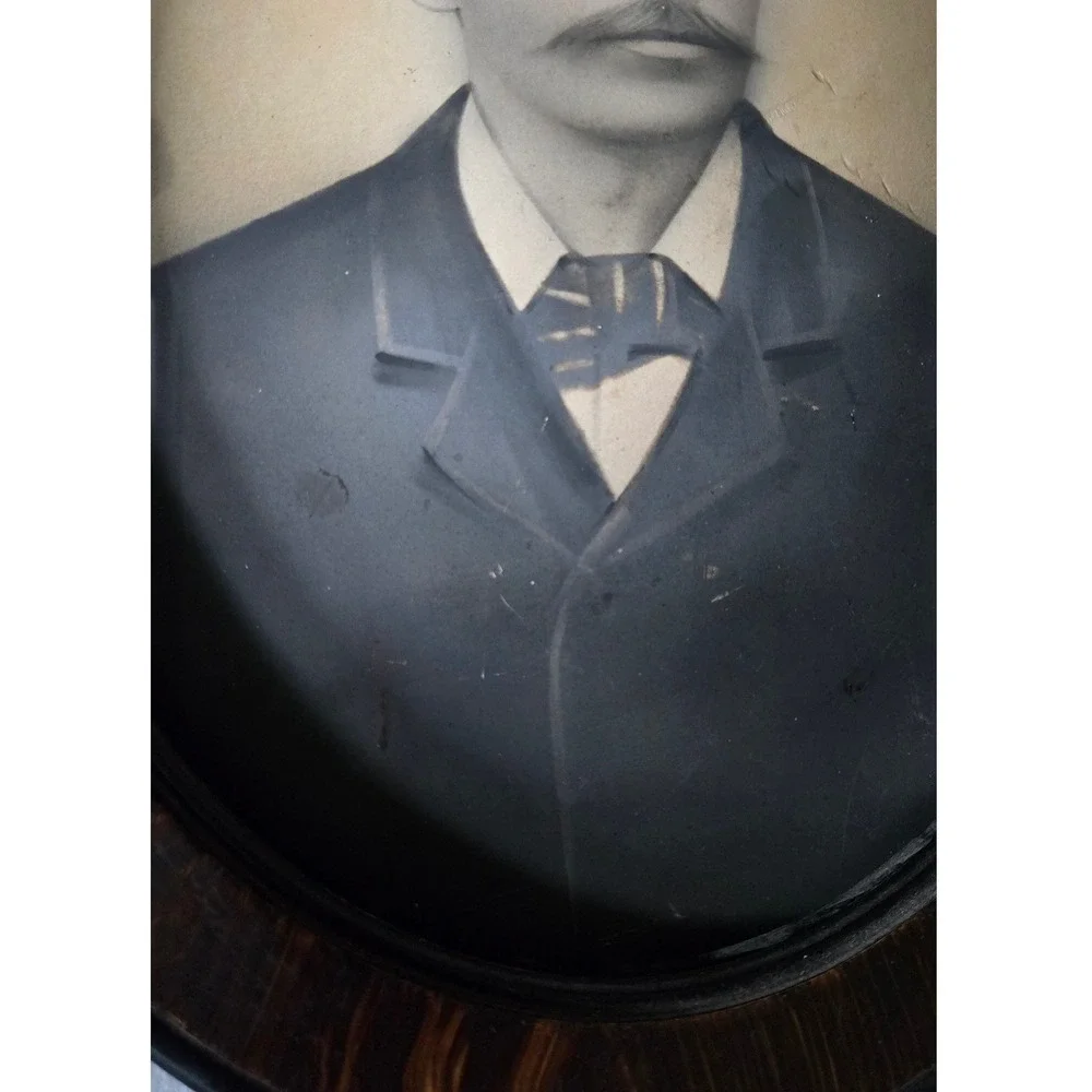 Antique Victorian Oval Crayon Portrait Man Tiger Wood Frame 1800s Folk Art
